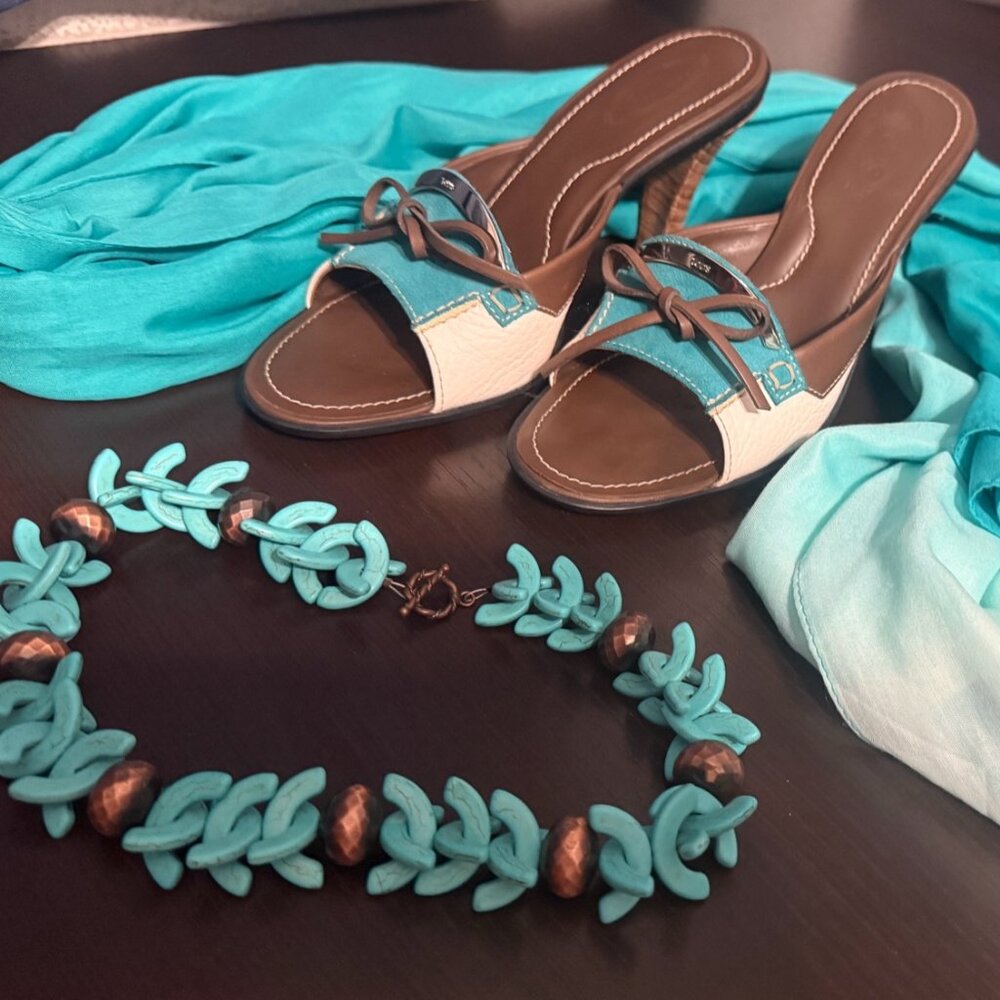 Tod's Leather Suede Heeled Sandals Sz 6 + Turquoise Necklace + Scarf 3pc Bundle